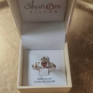 Silver Claddagh Ring with Red Heart